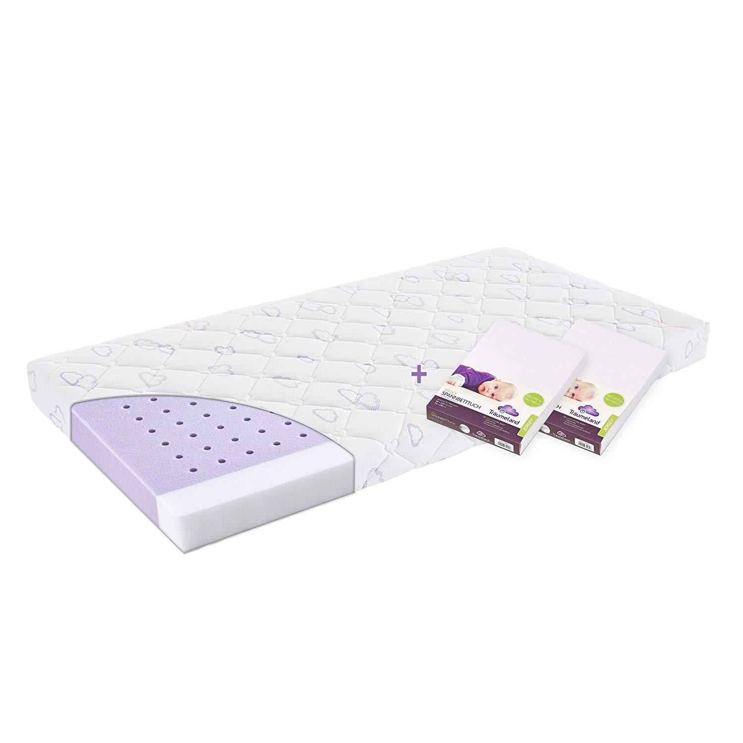 Träumeland Milky Way Set Mattress 70 x 140 cm and 2 Fitted Sheets Jersey White