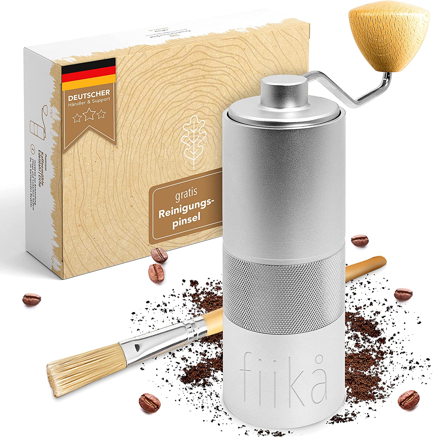 Fiika Manual Coffee Grinder with Stainless Steel Grinder and Removable Wooden - Precise Grinding Adjust, Plastic -Free Espresso with Cone Grinder and Cleaning Brush + Booklet