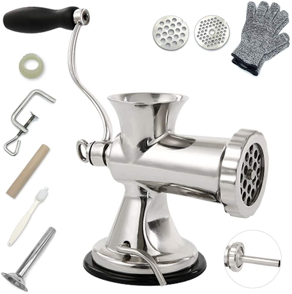 TUNTROL Manual Meat Grinder 304 Stainless Steel Hand Cranked Sausage Stuffer Machine for Pork, Beef, Fish, Chicken, Pepper etc(No.12)