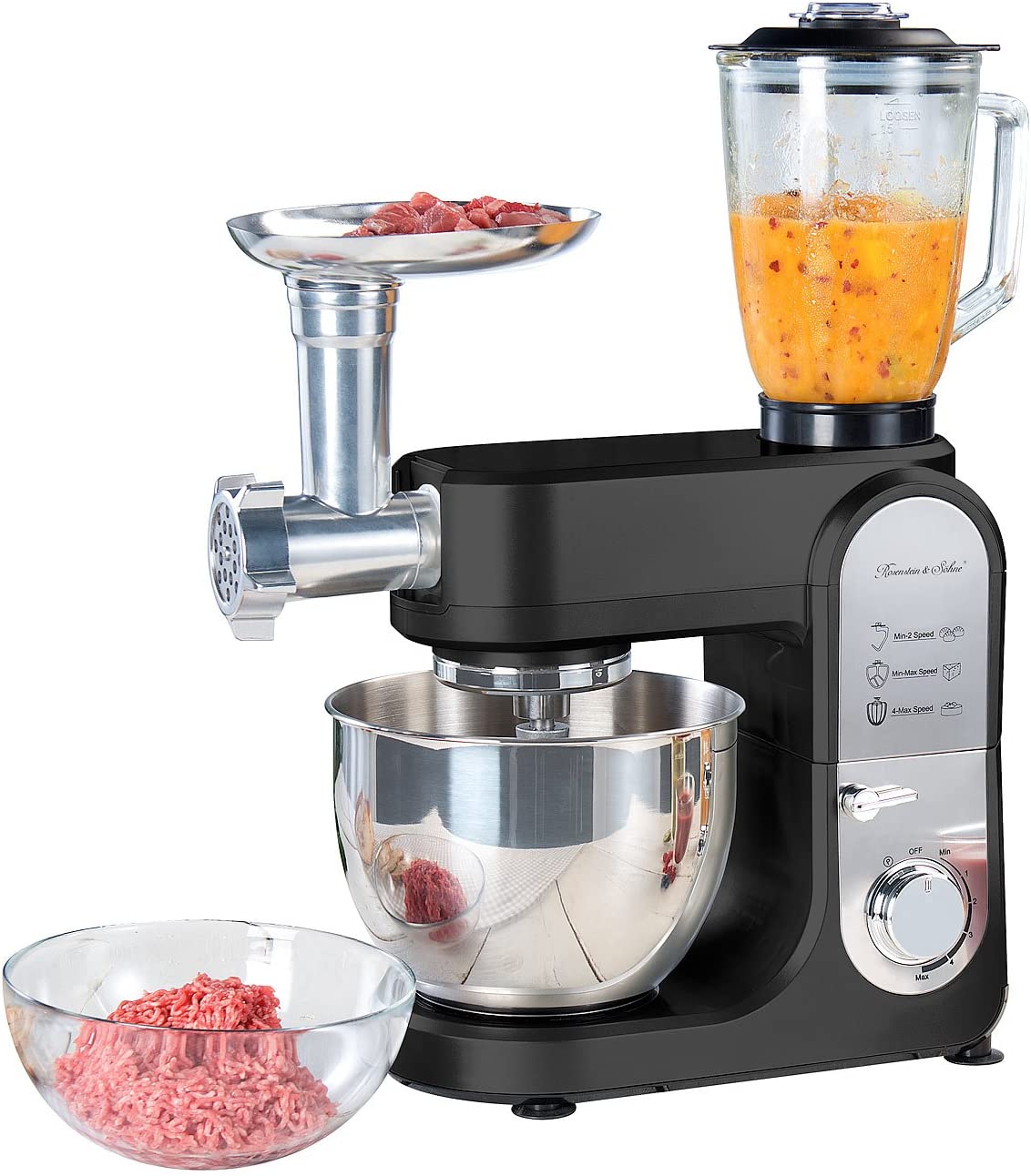 ROSENSTEIN & SOHNE Rosenstein & Söhne All in One Kitchen Appliance: All-in-One Food Processor with Meat Grinder and Mixer Attachment, 1000 Watts (Dough Kneading Machine)