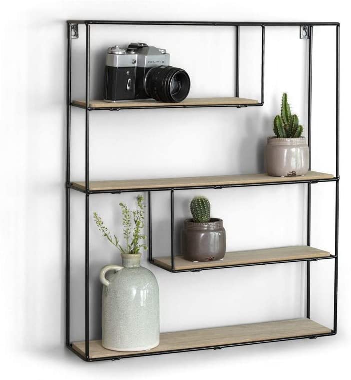 Lifa Living wall shelf made of black metal or metal and wood with 4 shelves, floating, vintage wooden shelf in natural style, kitchen shelf, spice board, spice rack