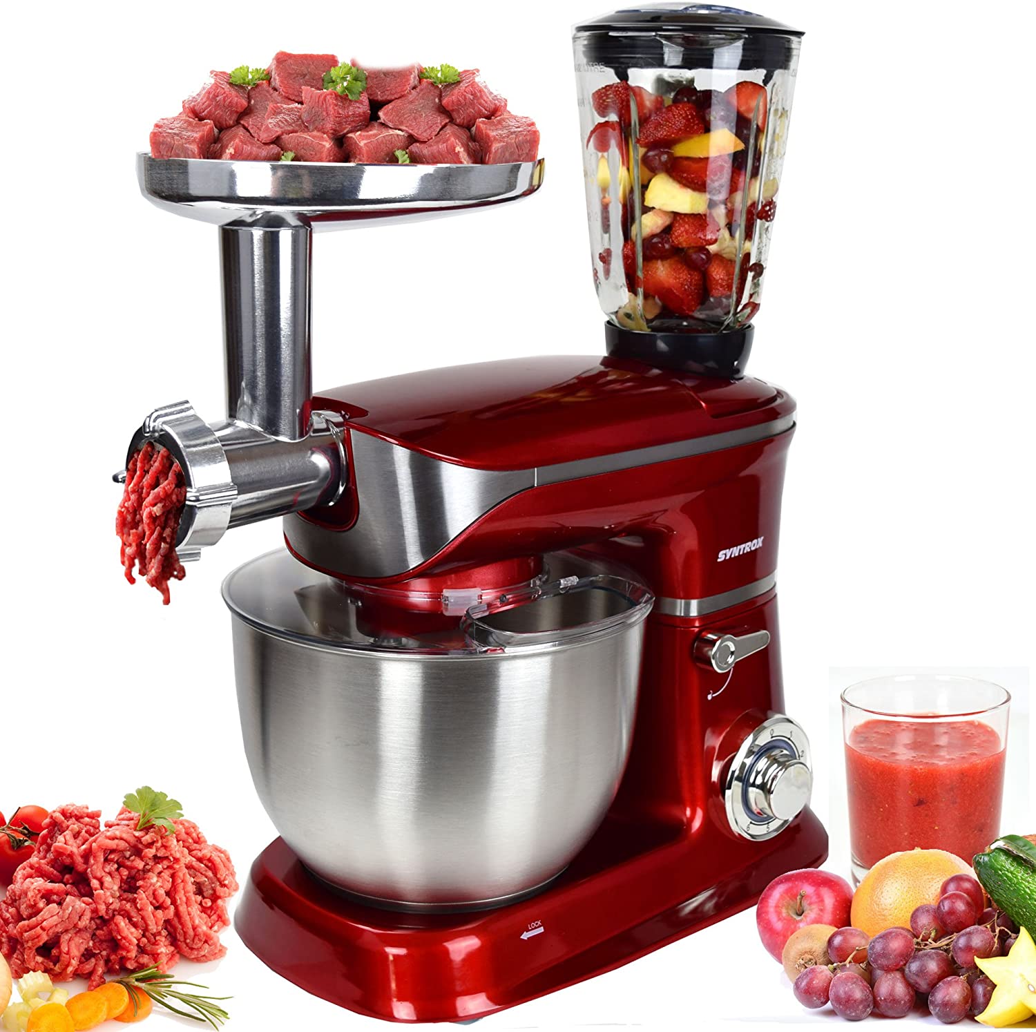 Syntrox Germany KM-6.5L De Luxe Red Food Processor Kneading Machine Mixer Stainless Steel Red 1300 Watt with Great Accessories