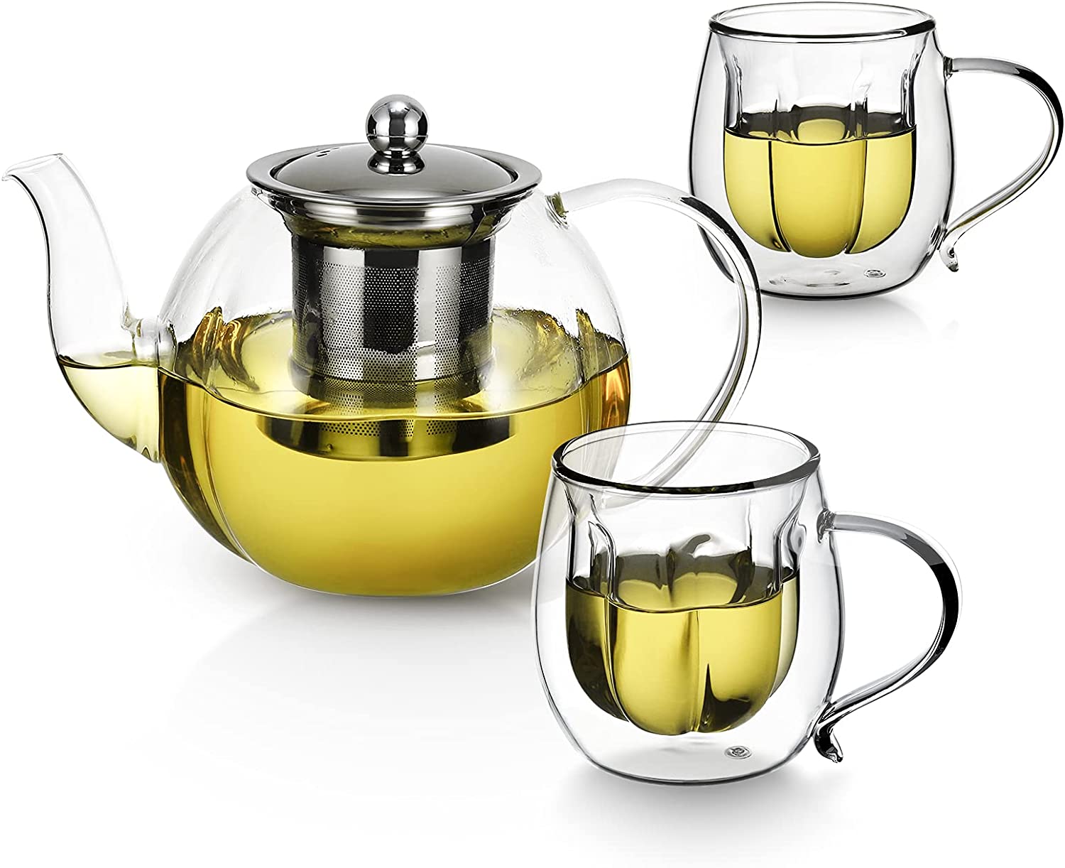 Vzaahu Teapot Set Made of Double-Walled Borosilicate Glass, 1000 ml with Removable Stainless Steel Strainer, 2 Glass Cups in Flower Shape, Thermal Glass with Handle, Father\'s Day Gift