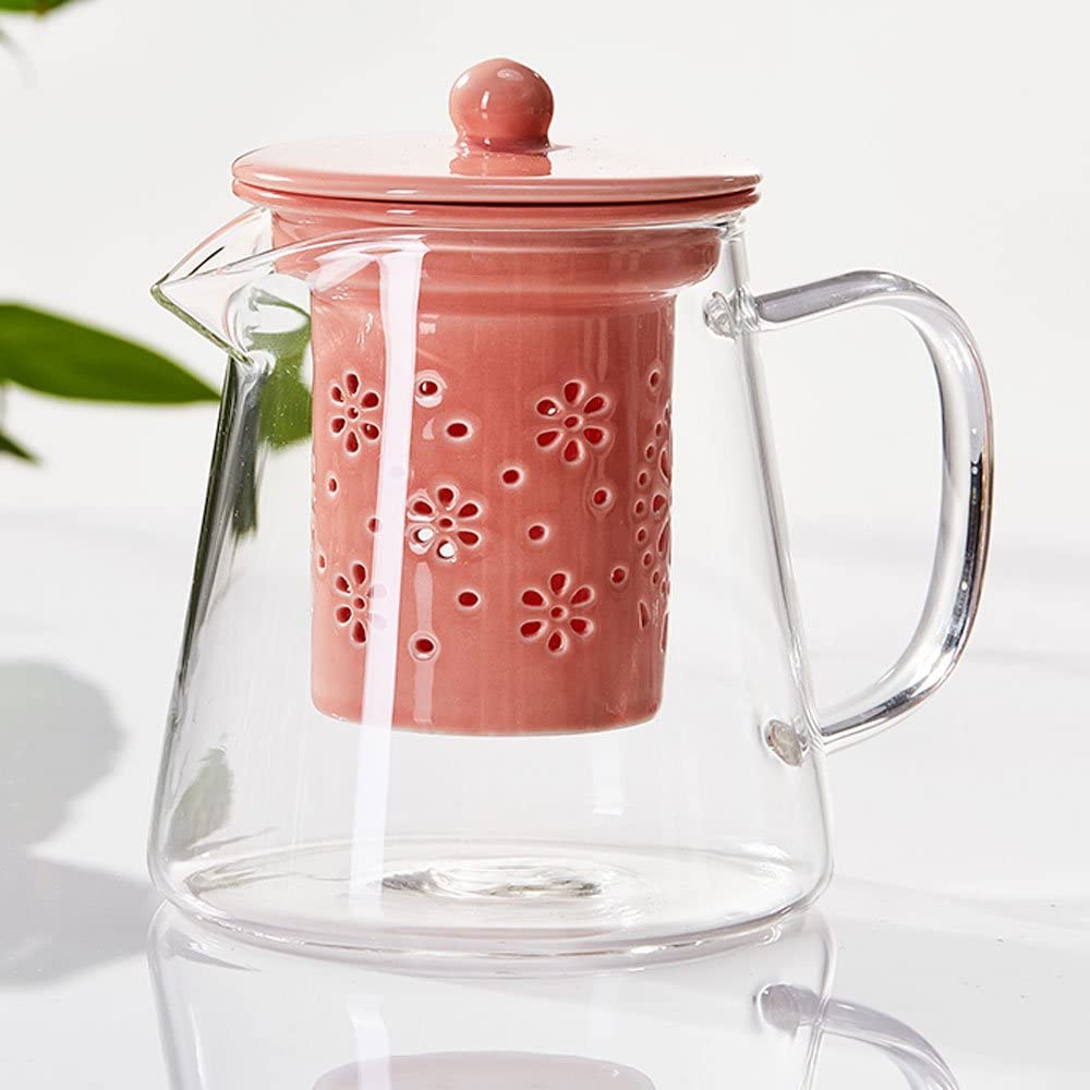 TAMUME 500 ml glass teapot with porcelain teapot strainer (pink)