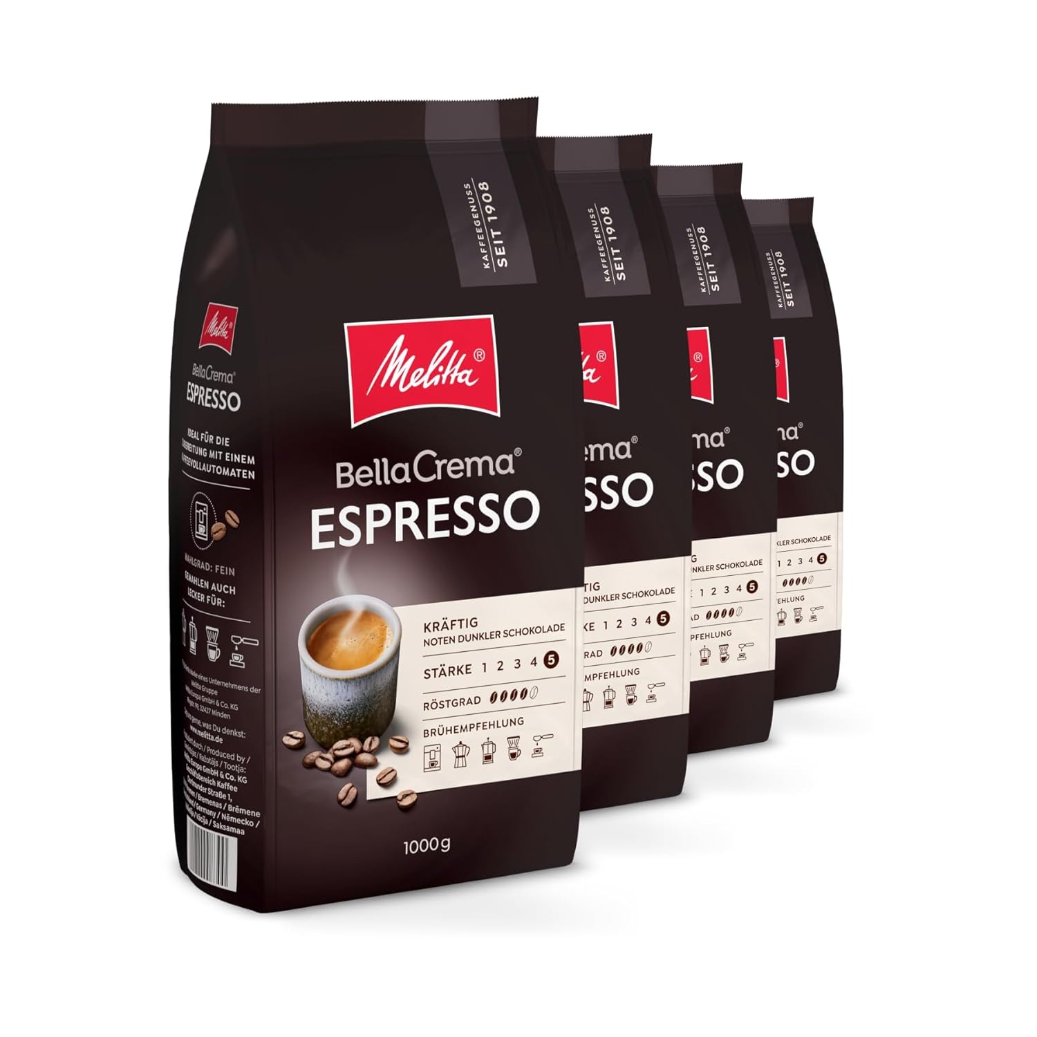 Melitta BellaCrema Espresso Whole Coffee Beans 4 x 1 kg, Unground, Coffee Beans for Fully Automatic Coffee, Strong Roasting, Roasted in Germany, Strength 5, in Tray