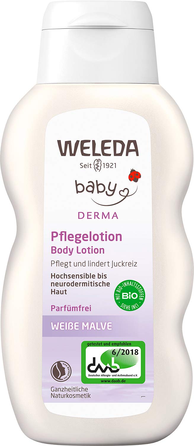 WELEDA Baby Derma White Mallow Care Lotion, Natural Cosmetics Moisturizing care for calming highly sensitive, neurodermitic and dry skin, lotion for intensive care (1 x 200 ml), ‎white