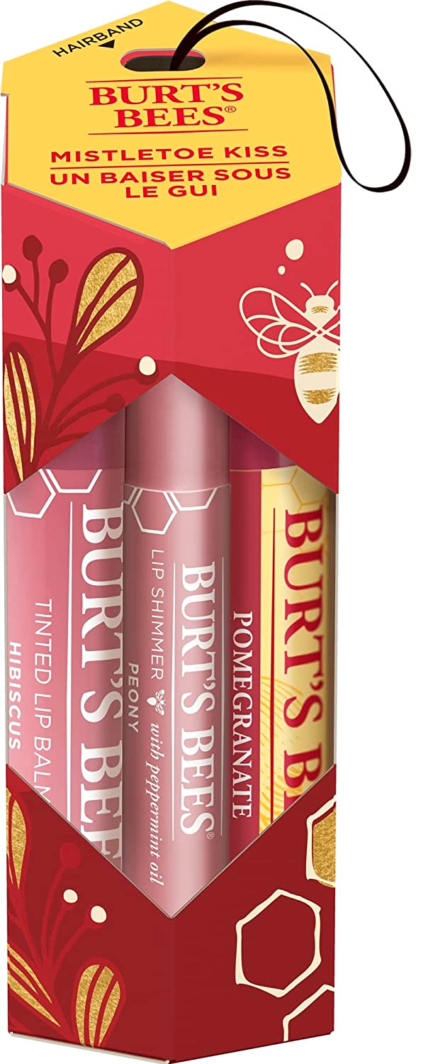 Burt\'s Bees Festive Gifts for Women | Lip Balm Gift Set with Pomegranate Lip Balm, Tinted Lip Balm in Hibiscus and Lip Shimmer in Peony | Mistletoe Kiss, ‎multi-coloured