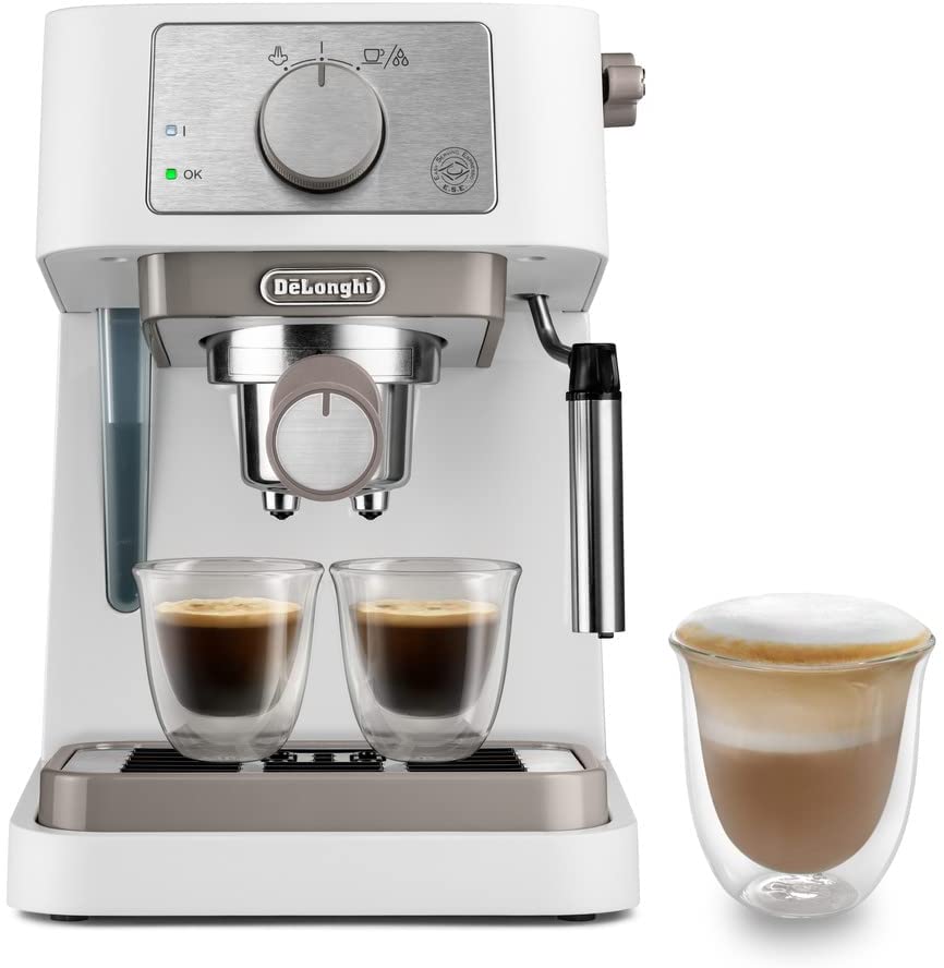 DeLonghi De\'Longhi Stilosa EC260.W Manual Coffee Machine, 15 Bar Pressure, Cappuccino System, Automatic Shut-Off, Compatible with ESE Pads, 2 Tier Containers, Capacity 1 Litre, White