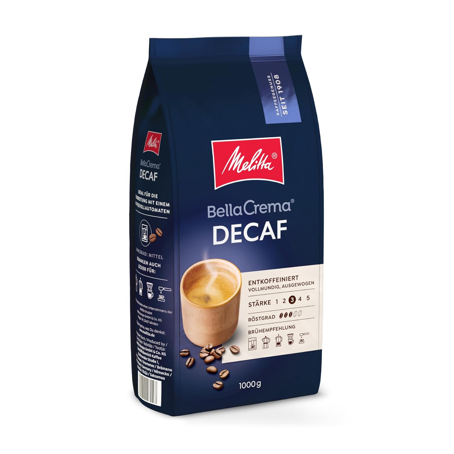 Melitta BellaCrema Decaffeinato Whole Coffee Beans, Decaffeinated, 1 kg, Unground, Coffee Beans for Fully Automatic Coffee Machines, Caffeine-Free, Mild Roast, Roasted in Germany, Strength 3