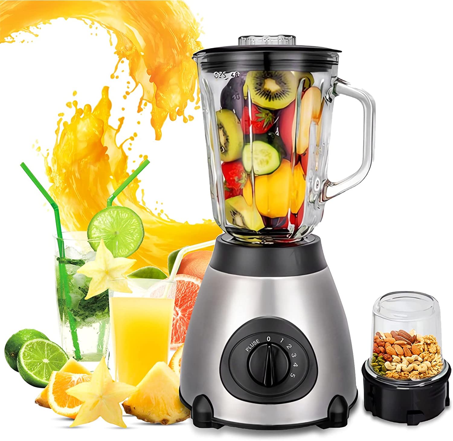 Facaio Stand Blender, Smoothie Maker, Multifunction Blender Electric, [1.5 L Glass Container Mixer & 650 ml Mini Glass Container Smoothie Maker] 5 Speed ​​Levels + Pulse/Ice-Crush Function