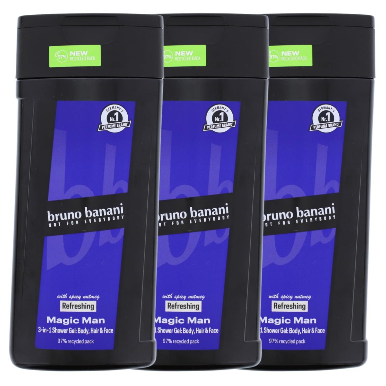 3 x bruno banani Magic Man 3-in-1 Shower Gel Spicy Nutmeg Fragrance 250 ml Each