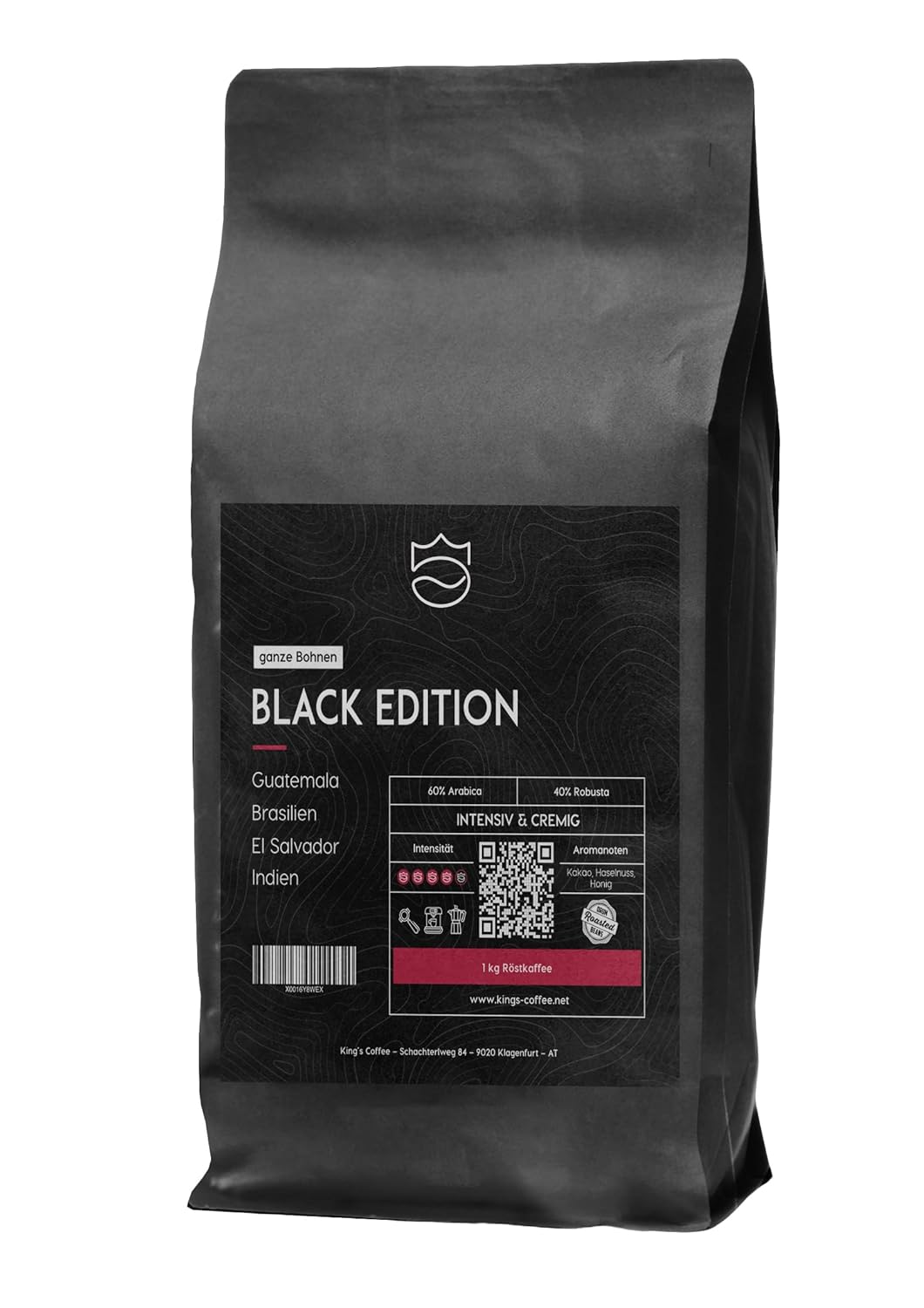 KING'S COFFEE - BLACK EDITION - Coffee beans Crema Intense - low acidity - small batch roast from Italy - strong Arabica-Robusta espresso blend for fully automatic machines & portafilters - 1kg
