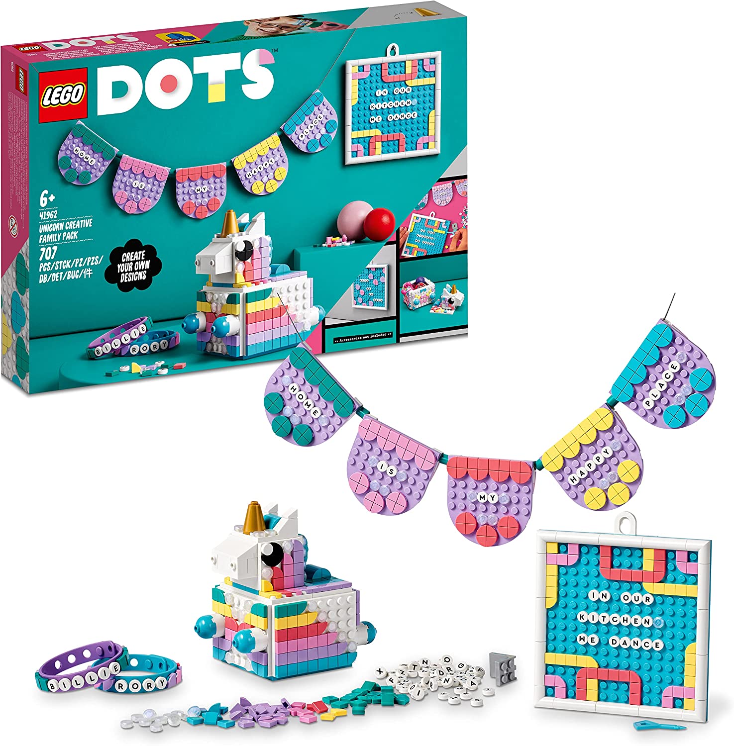 LEGO 41962 DOTS Unicorn Family Creative Set, Toy Craft Set with Jewellery Box, 2 x Bracelets, Message Board and Party Decoration for Girls and Boys