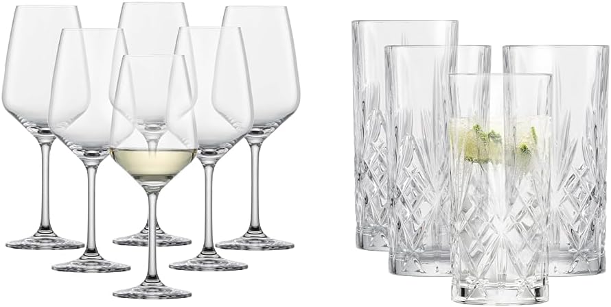 Schott Zwiesel White Wine Glass Taste (Set of 6) & Long Drink Glass Show (Set of 4), Graceful Drinking Glass for Long Drinks with Relief, Dishwasher Safe Crystal Glasses (Item No. 121878)