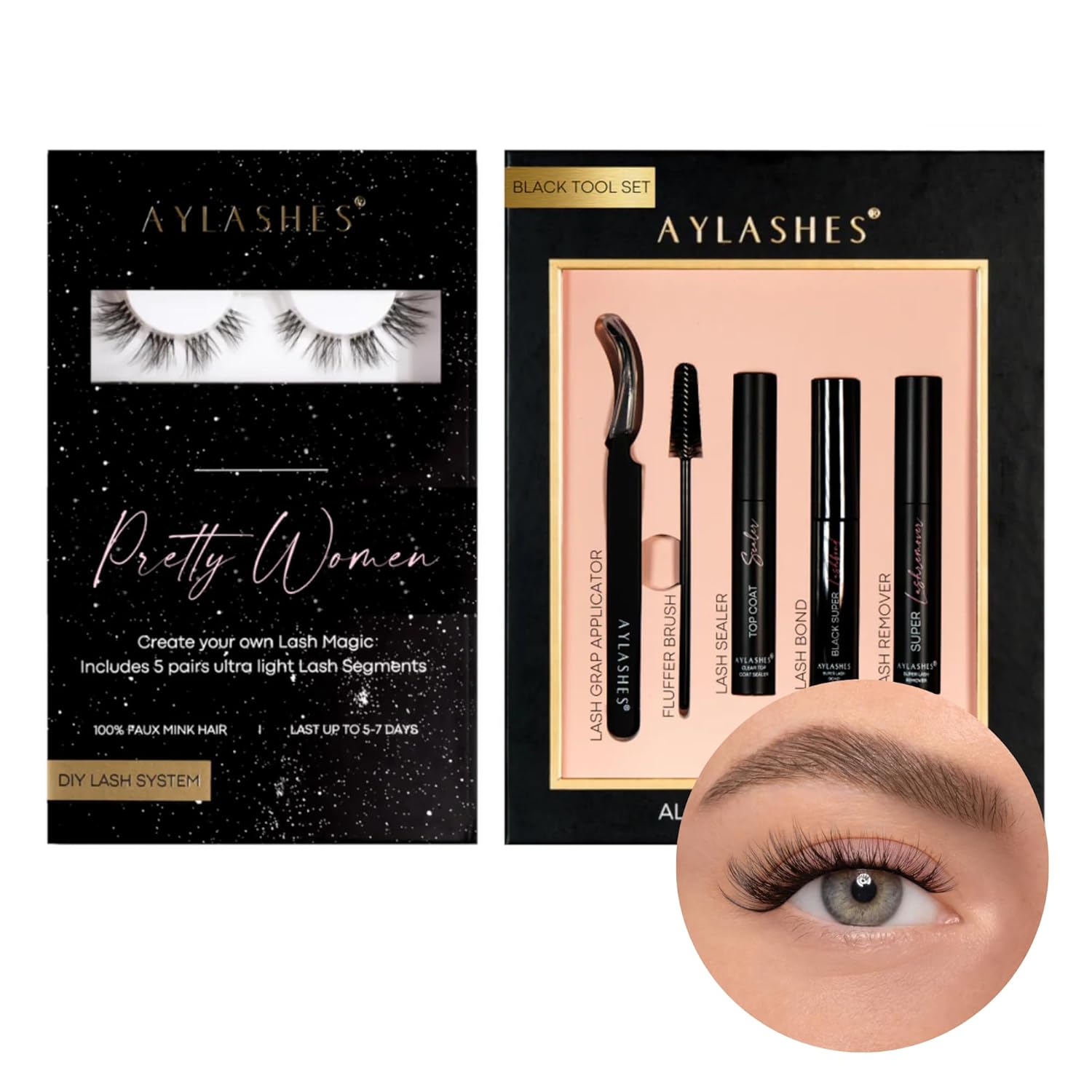 AYLASHES - DIY Eyelash Extensions Starter Set Pretty Women | 6 Pairs of Eyelashes, Applicator, Eyelash Glue, Top Coat Sealer Black, Lash Remover, Eyelash DIY Set for Home | Up to 7 Days Hold