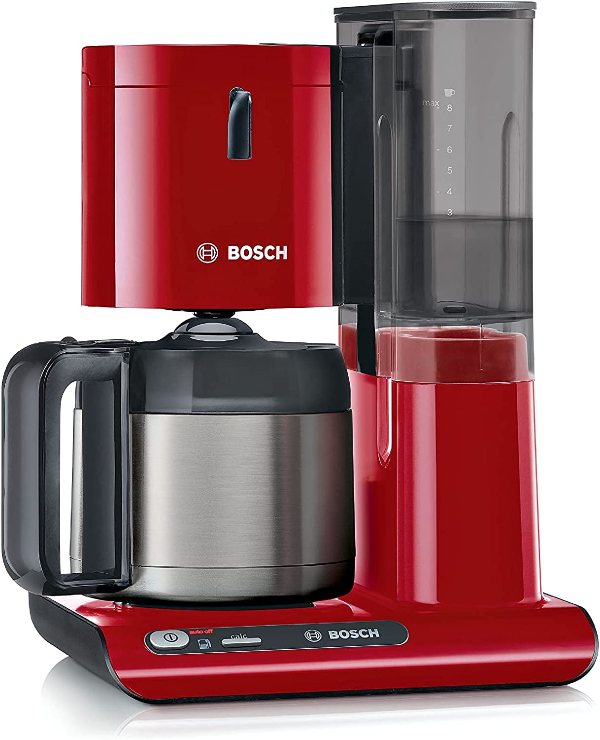 Bosch Styline TKA8A054 Filter Coffee Machine, Stainless Steel Thermal Jug 1.1 L, for 8-12 Cups, Removable Water Tank, Drip Stop, Swivel Filter Carrier, Cable Storage, 1100 W, Red