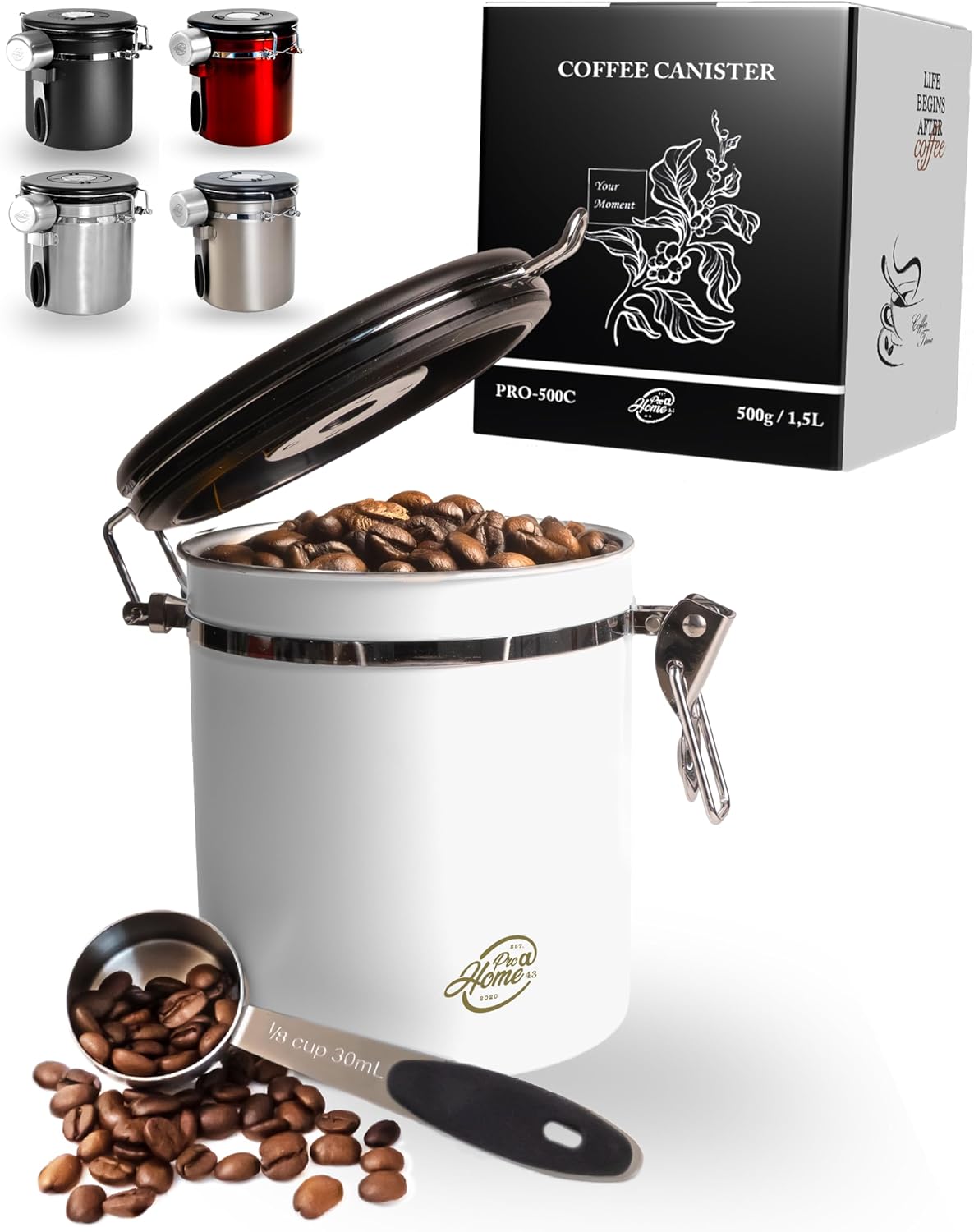 Coffee Canister Airtight 500 g - White - Coffee Bean Storage Container 1.5 L Made of Stainless Steel with Calendar Function, Includes Dosing Spoon and 4 x C02 Replacement Valves, Stylish