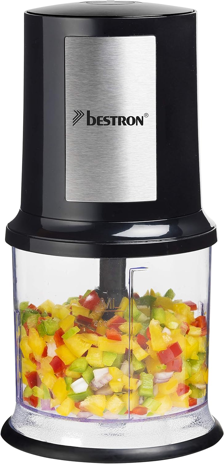 Bestron AKC200 Electric Multi Chopper with Two Cutting Blades & 500 ml Capacity, Large Pulse Button, 400 Watt, AKC200, Colour: Black/Silver