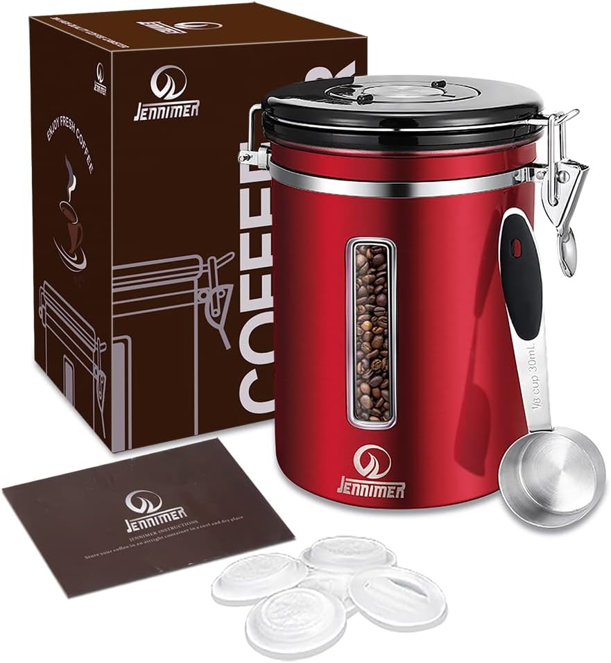 Stainless Steel Coffee Canister 1.8 L - 600 g Bean Capacity with Transparent Fresh Window - CO2 Valve, Date Display, Measuring Spoon & Aroma-Proof Storage Container for Coffee (Red)