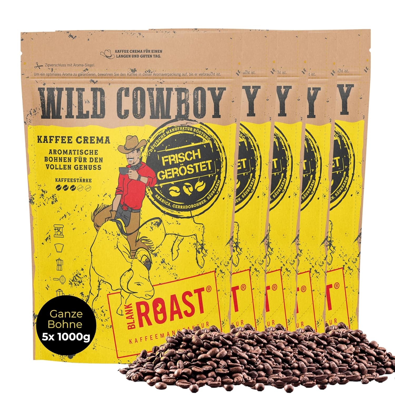 BLANK ROAST Wild Cowboy Crema - Whole Coffee Beans - 100% Arabica Coffee - Gently Roasted with Hickory Wood - Low Acid (5 x 1000 g)