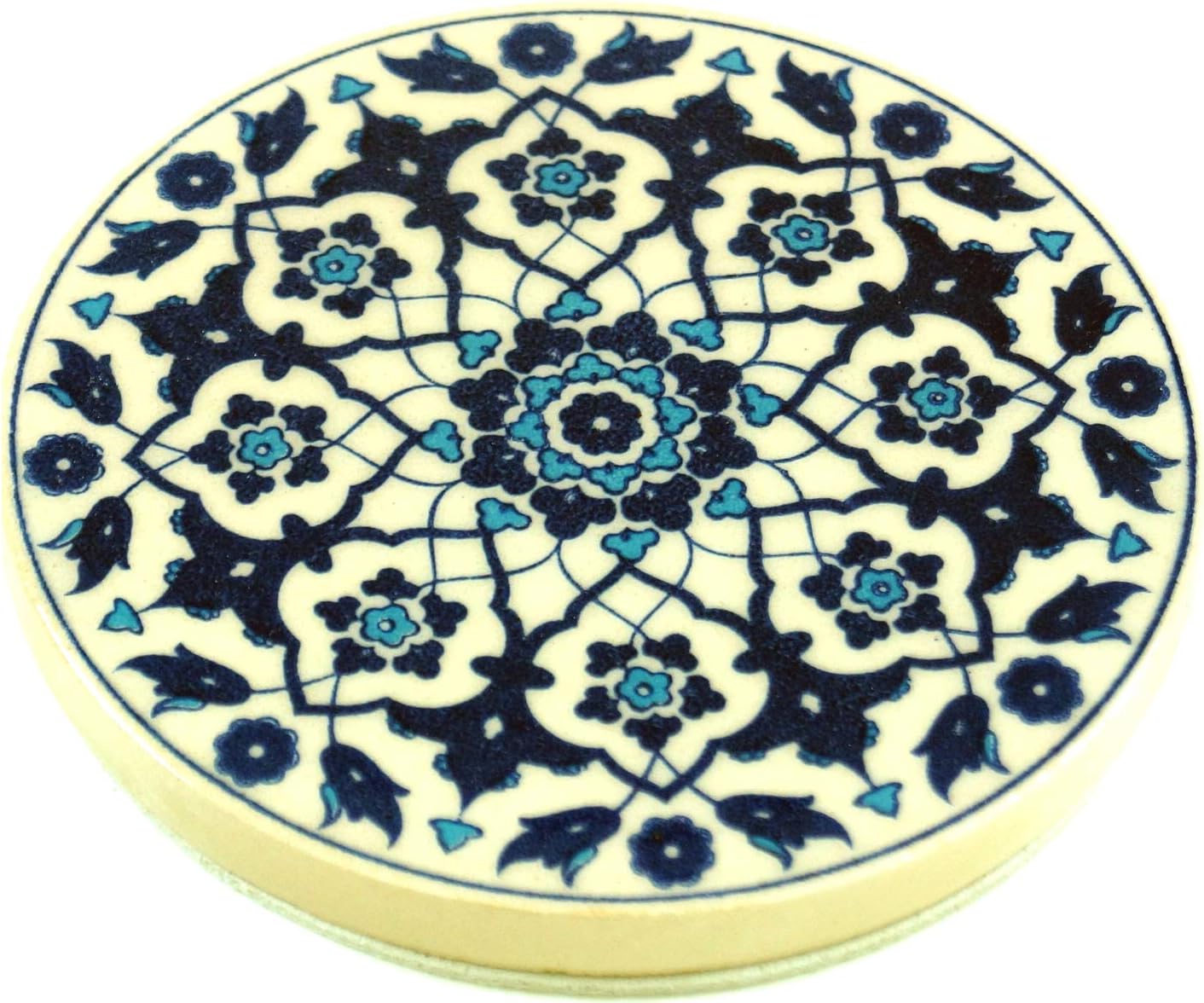 GURU SHOP Oriental Ceramic Coasters, Round Coasters for Glasses, Cups with Mandala Motif Set - Pattern 12, White, Set of 6, Coasters, Trays