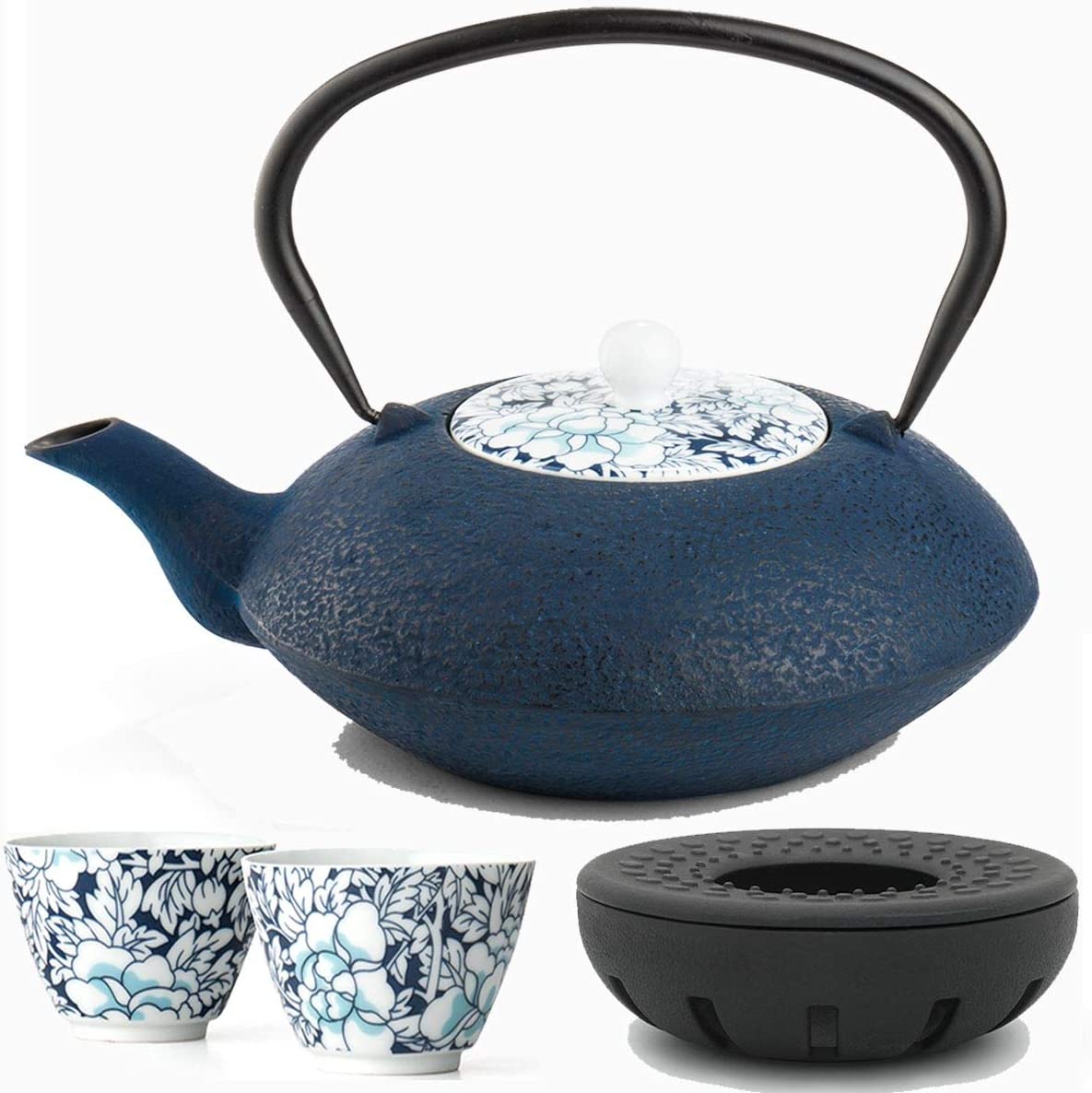 Bredemeijer Asian Cast Iron Teapot Set Blue 1.2 Litres with Tea Filter Strainer and Cast Iron Teapot Warmer Including Tea Cup Porcelain