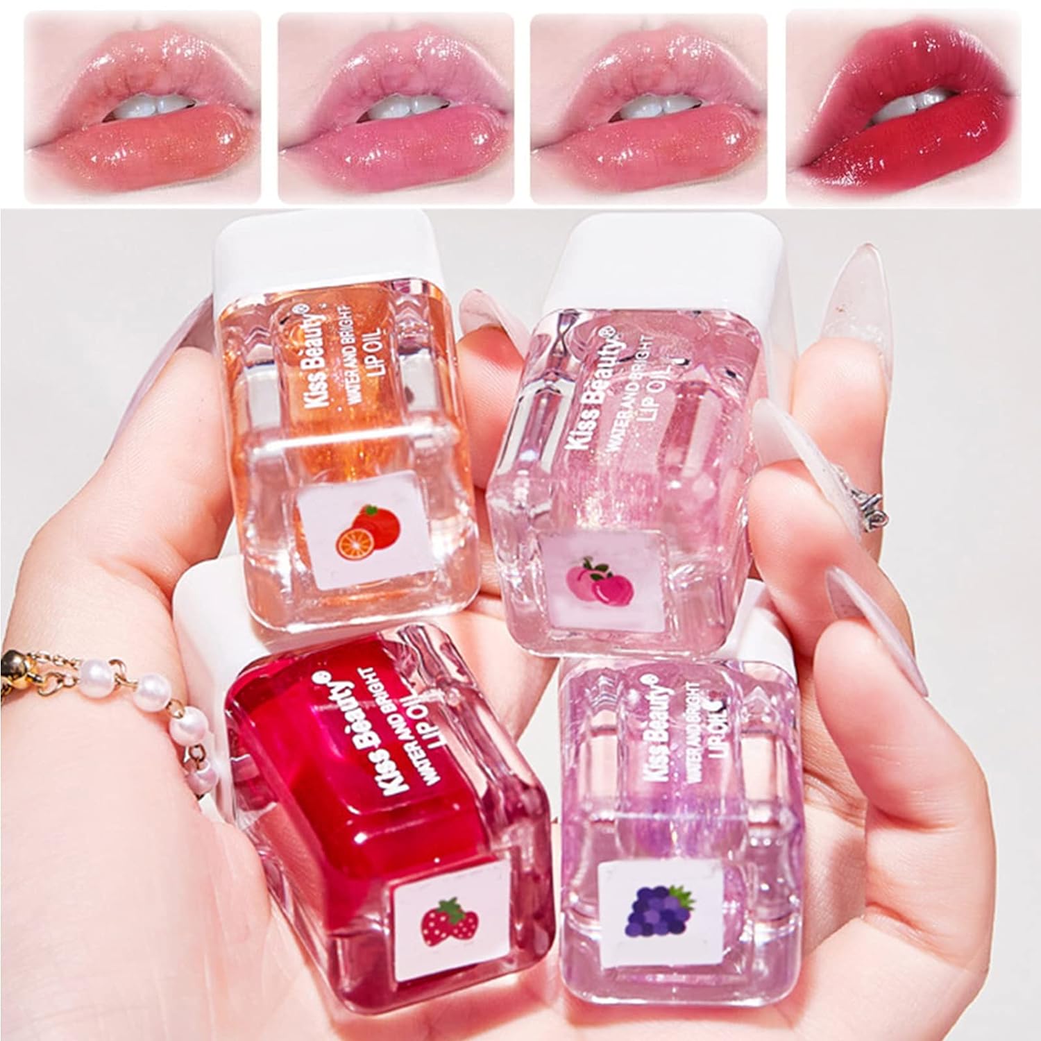 Pack of 4 Fruity Lip Gloss Moisturising, Plumping Lip Gloss Oil Lip Gloss Tinted Lip Balm Lip Care Long-Lasting Nourishing Repairing Non-Adhesive Moisturises