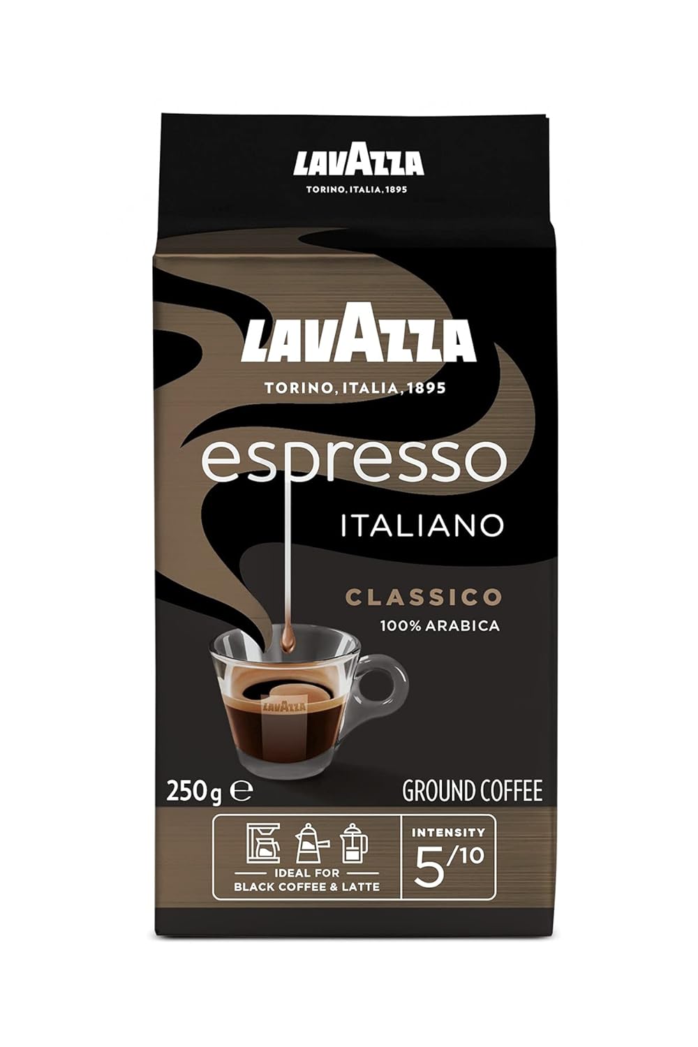 Lavazza, Espresso Italiano Classico, ground coffee, with floral and fruity aromanops, ideal for mocha chows or filter coffee, 100% arabica, intensity 5, medium roasting, 250 g pack