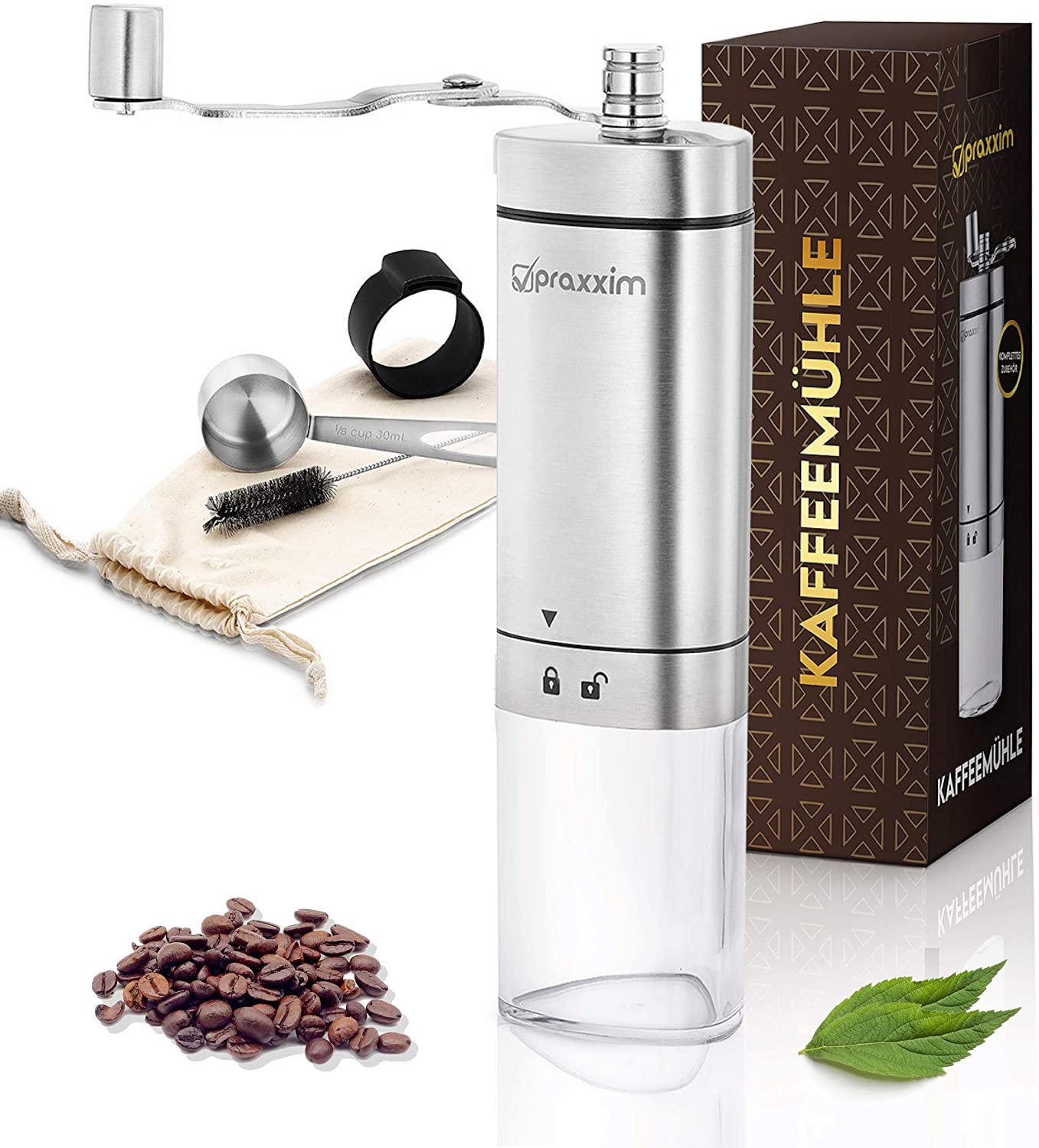 praxxim Manual Coffee Grinder - Hand Coffee Grinder in Elegant Design - Espresso Grinder for 60 ml Coffee Beans - Coffee Grinder with Practical Accessories for Relaxed Coffee Enjoyment