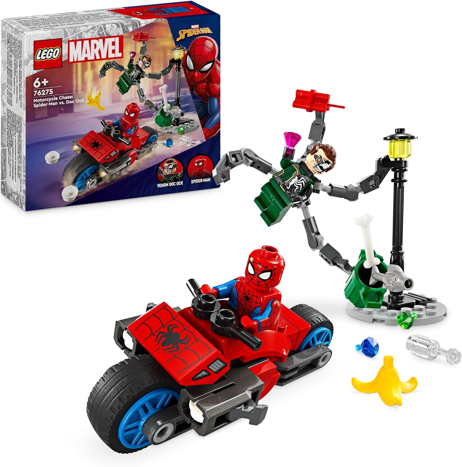 LEGO Marvel Motorbike Chase: Spider-Man vs. Doc Ock, Superhero Toy for Kids with Figures, Shooters and Web Shooter, Great Gift for Boys and Girls from 6 Years 76275