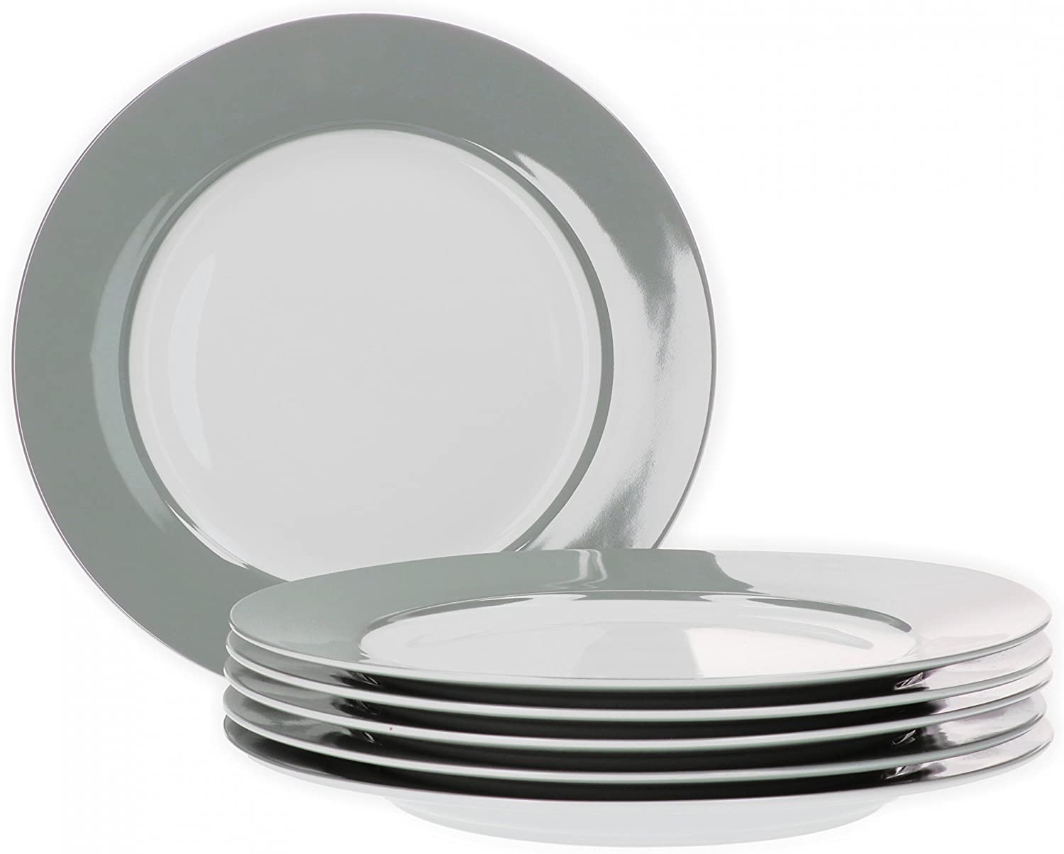 Van Well Vario Dinner Plate Set 6 Pieces I Dinner Service for 6 People I Flat Dining Plate with Diameter 26.5 cm I Porcelain Service White with Grey Rim I Plate Set Microwave Safe