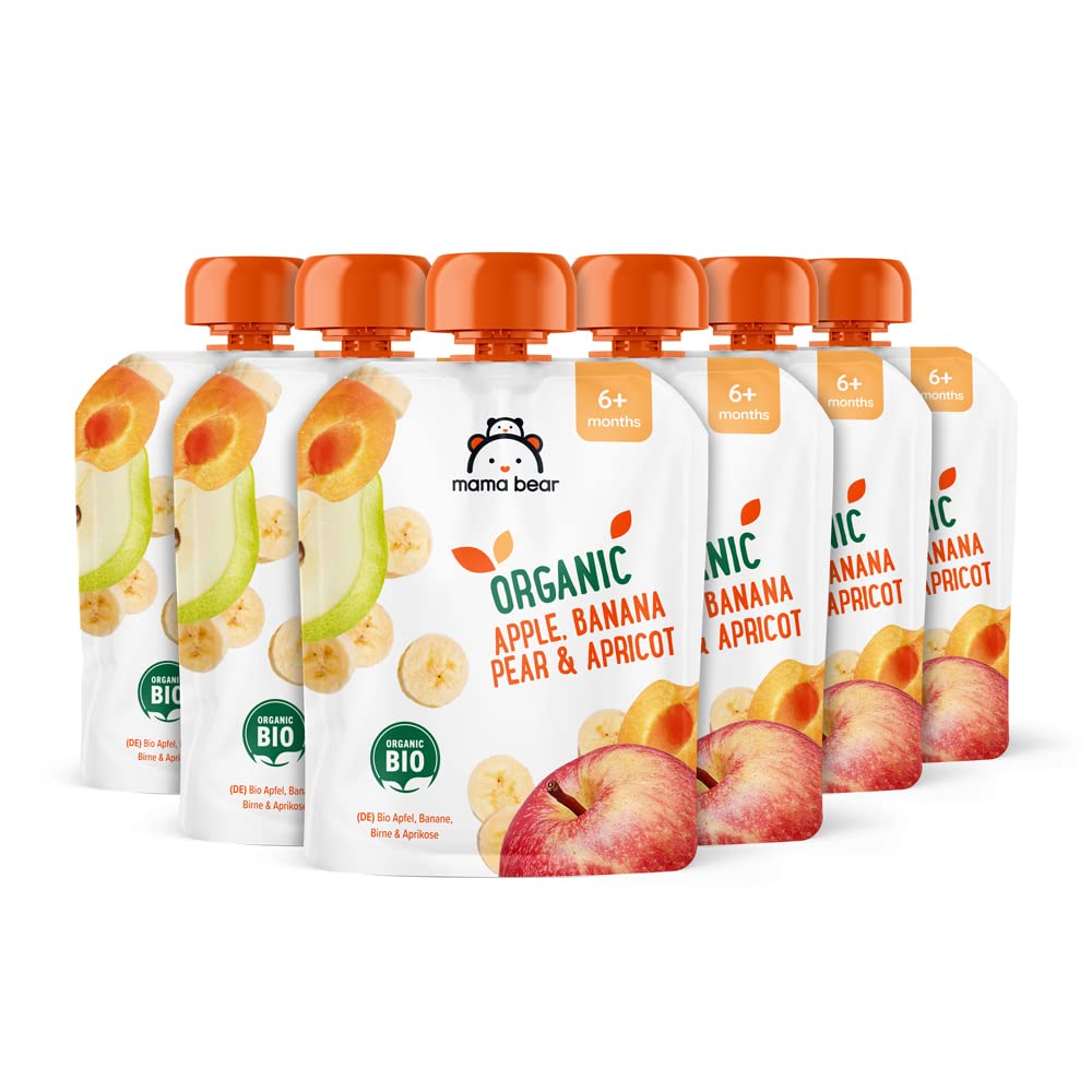 Amazon-Marke: Mama Bear Quetschie Bio Apfel, Bananen, Birnen und Aprikosenpüree, 6 x 90g