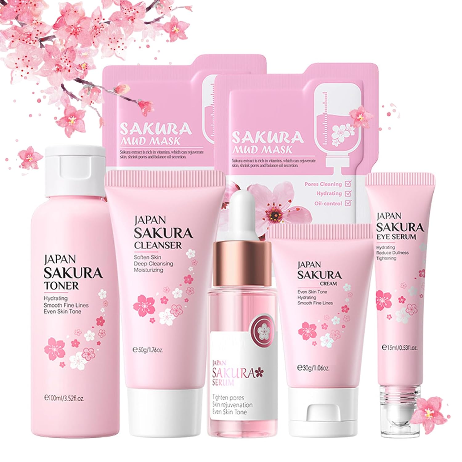 Japan Sakura Skin Care Set for Teenage Girls, Moisture Skincare Set, Anti-Ageing Face Care Set, Beauty Skin Care Set Women - Cleansing Toner Serum Cream Eye Serum Clay Mask (7 Pieces)