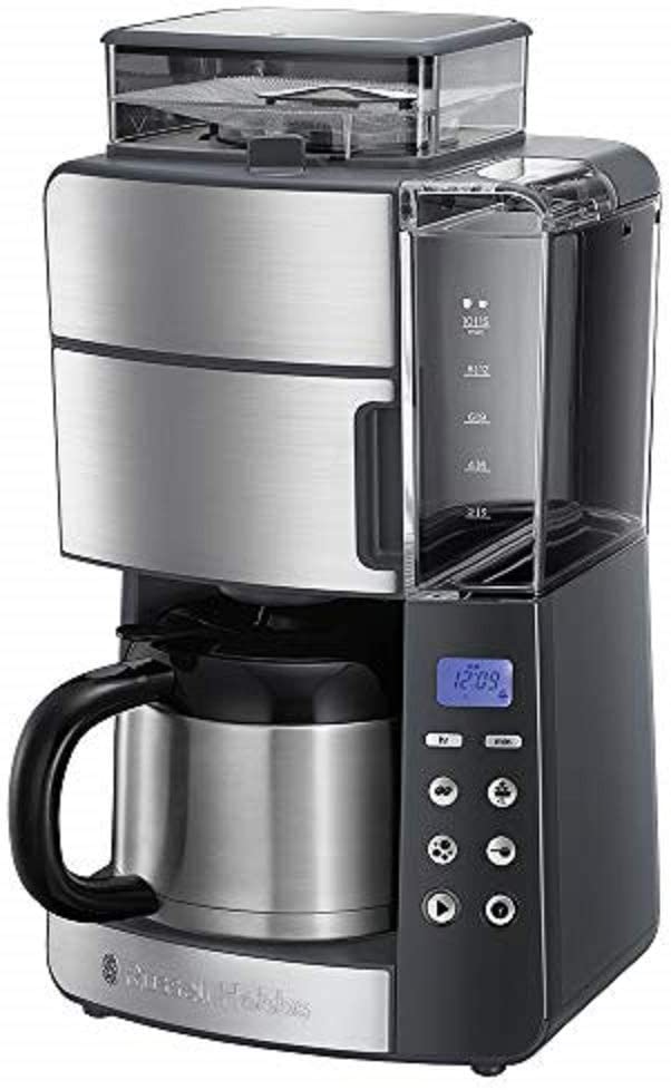 Russell Hobbs Grind & Brew 25620-56 Coffee Machine with Grinder, Thermal Jug, 10 Cups, Digital Programmable Timer, 3-Level Grind Settings, 1000 W, Filter Coffee Machine for Coffee Beans