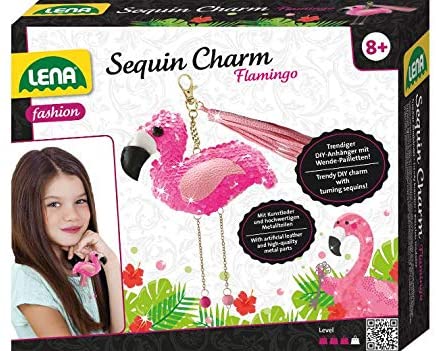 Lena 42659 Craft Set Sequin Charm Flamingo, Complete Set for 1 Sequins, Lucky Charm/Key Ring with Faux Leather Ribbon, Beads, Needle, Filling Wool and Instructions, Set for Children from 8 Years