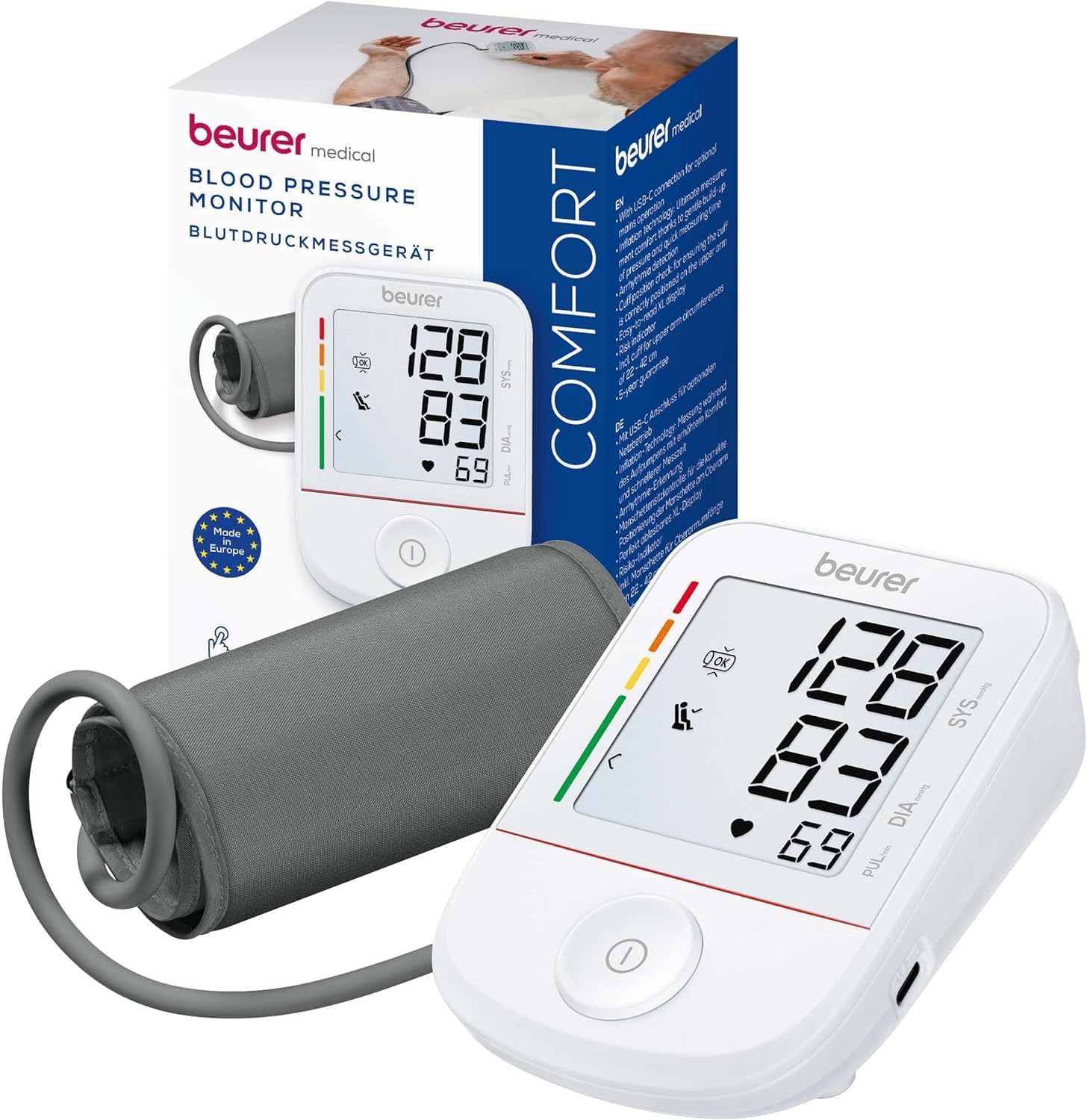 Beurer BM 38 Upper Arm Blood Pressure Monitor, Easy to Use with a Single Button, Accurate Measurement by Rest Indicator, Arrhythmia Detection, XL Display, Cuff for 22-42 cm