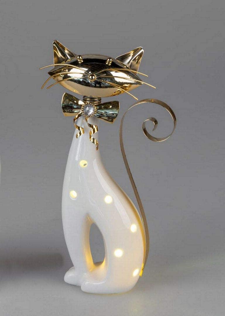 Itrr Deko Katze Weiß-Gold Mit Led-Licht, Ca. 30Cm