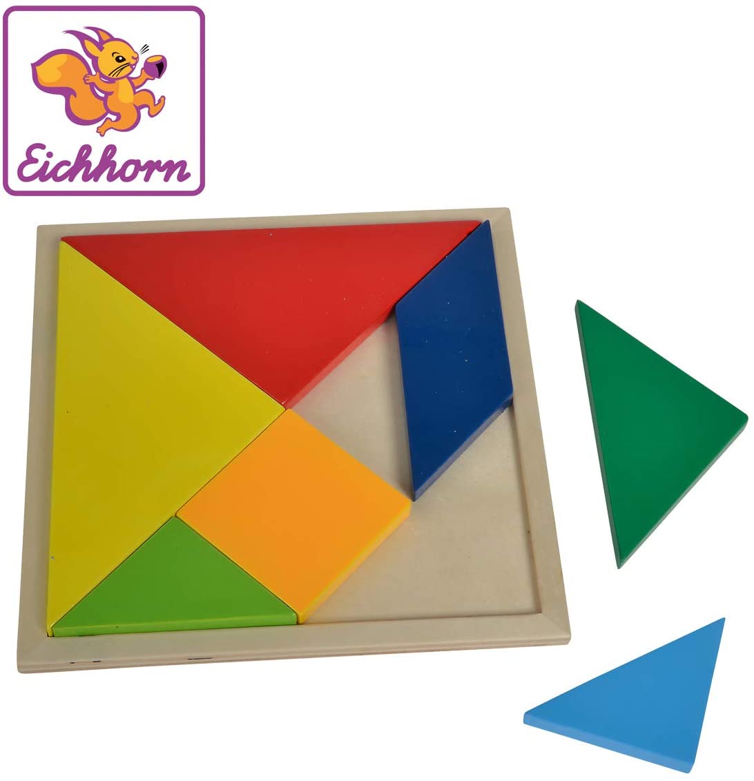 Eichhorn 100003451 Tangram Tiling Game with 7 Different Geometric and Colourful Wooden Shapes Includes Instructions (cannot guarantee instructions are in English) 8 Pieces