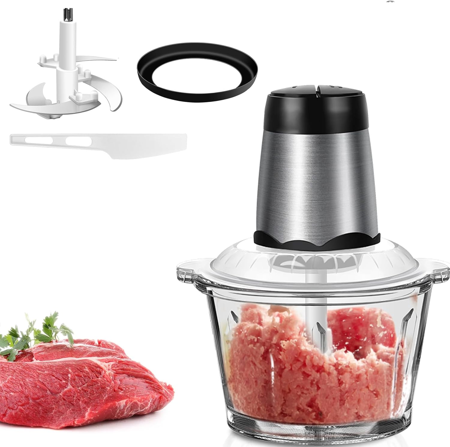 Electric Kitchen Chopper, Electric Kitchen Chopper with 2 L Bowls, 2 Speed ​​Levels, 300 W Multi Chopper Meat Grinder with 4 Blades for Baby Food, Nuts, Vegetables, Fruit, Meat