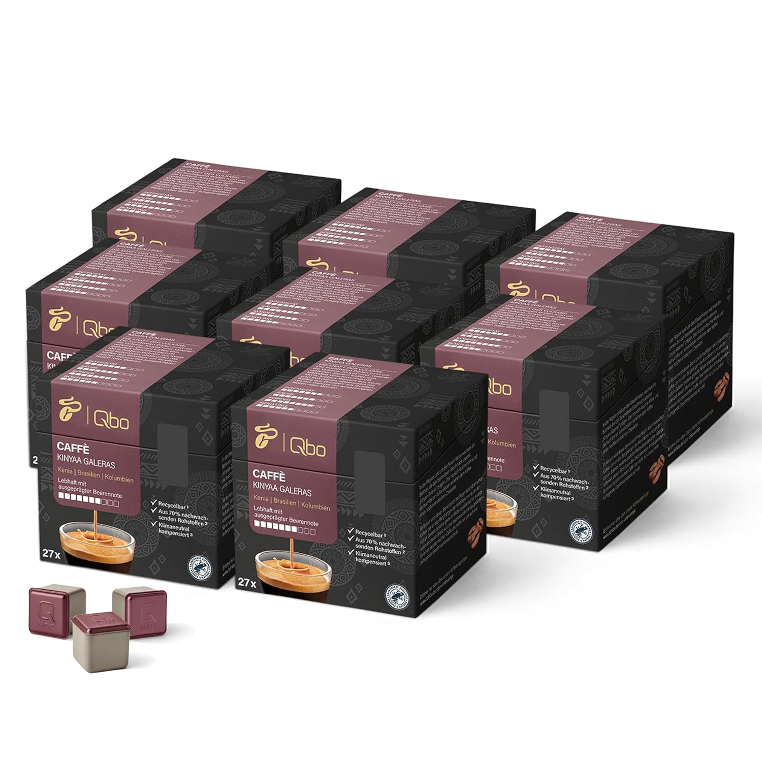 Tchibo Qbo Caffè Kinyaa Galeras Premium Coffee Capsules, Pack of 216 - 8 x 27 Capsules (Caffè, Intensity 7/10, Vivid and Berry), Sustainable, Made from 70% Renewable Raw Materials & Climate Neutral