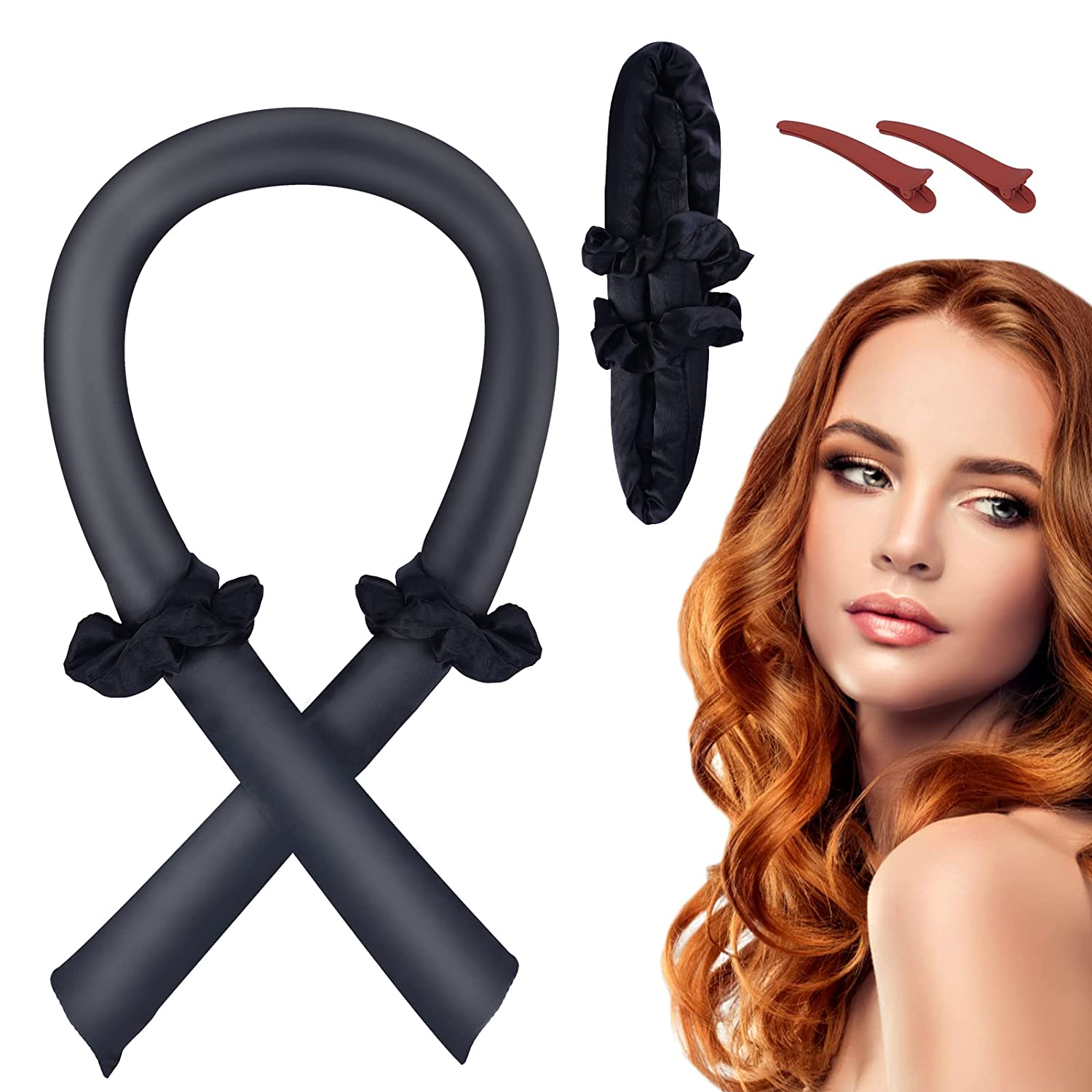 IREAL HEATLESS CURLS BAND, NON-SLIP HAIR POODLE with Hair Clips, Silk Hair Curling Tape Overnight, Curling Wonder for Long Medium Hair (Black), ‎black