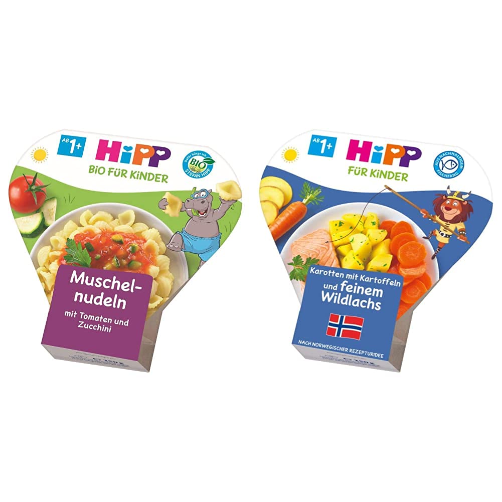 HiPP Muschelnudeln mit Tomaten und Zucchini Bio, 6er Pack (6 x 250 g) & Kinder-Teller, Karotten mit Kartoffeln und feinem Wildlachs, 6er Pack (6 x 250g)