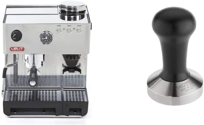 Lelit Anita PL042EMI Semi-Professional Coffee Maker with Integrated Coffee Grinder, Stainless Steel, 2.7 Litres, Steel & Motta 8100/B Tamper Made of Stainless Steel, Planar with Black Real Wood Handle, 58 mm