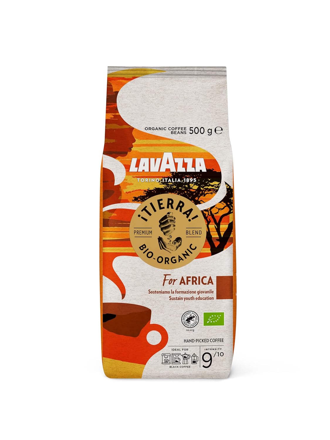 Lavazza, Tierra For Africa, Coffee Beans, Ideal for Espresso Machines, Chocolate & Dried Fruit Aroma Notes, Organic Arabica & Robusta, Intensity 7/10, Medium Roast, 500 g Pack