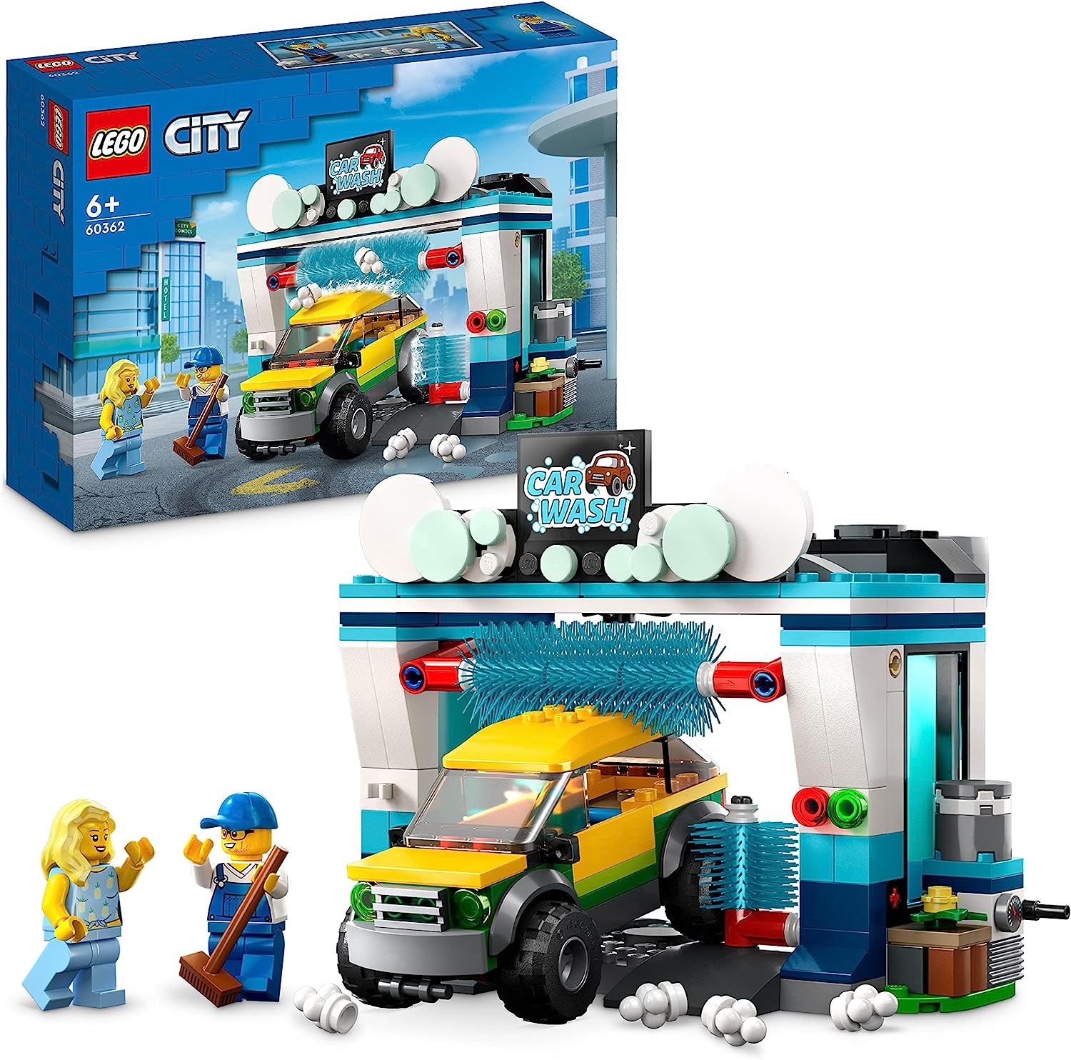 LEGO 60362 City Car Wash Set with Toy Car for Children from 6 Years, Boys & Girls, Working Wash Elements and 2 Mini Figures, Vehicle Set, Small Gift Idea