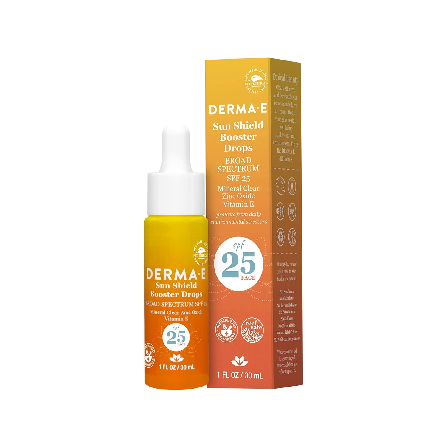 DERMA E Sun Shield Booster Drops SPF 25 Clear, Lightweight Mineral Facial Sunscreen Road Spectrum Protection with Zinc and Titanium Dioxide, 1 fl oz