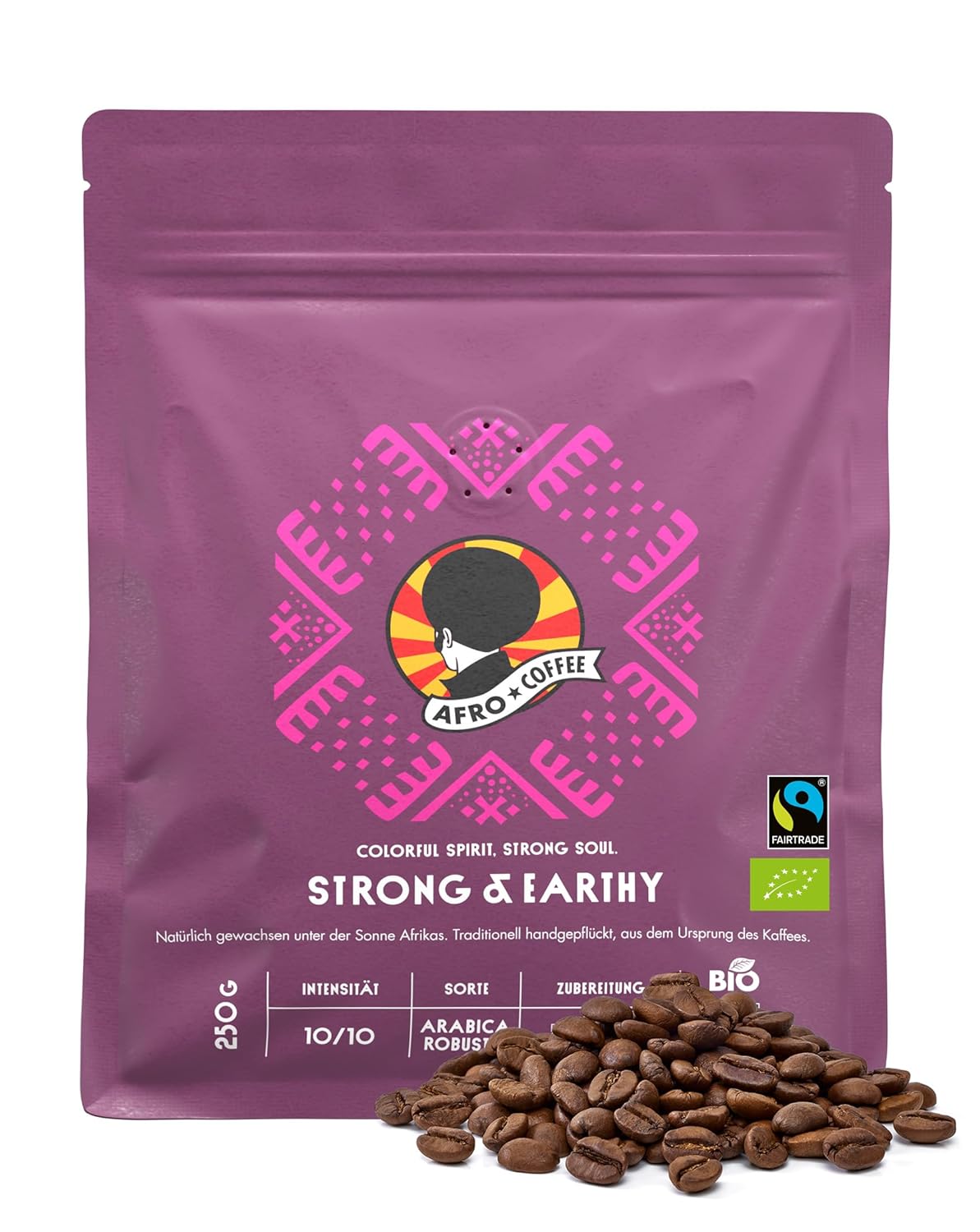 AFRO COFFEE Strong & Earthy I 250 g Premium Organic Coffee Beans Fairtrade I Arabica & Robusta Coffee Beans I Bean Coffee from East Africa with Nutty Note I Beans Hand Picked Dark Roasted Low Acid