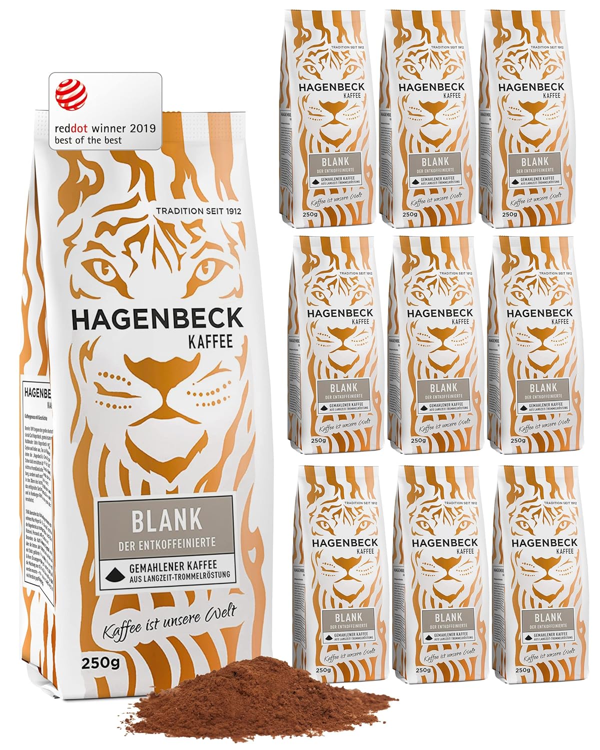Hagenbeck Blank 10x250g (2,5kg) | Decaffeinated, ground coffee with a mildly fine aroma | 100% Gently Roasted Arabica Coffee Beans | Light Intensity | Ground, caffeine-free & gentle on the stomach