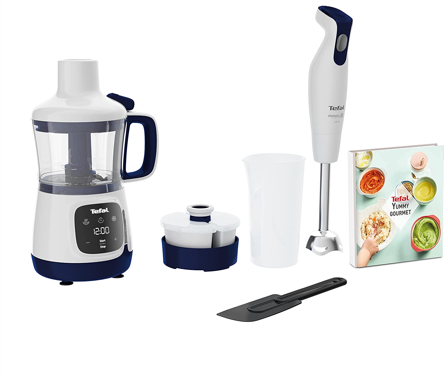 Tefal HB55W4 Yummy Gourmet Baby Food Preparer | Includes Hand Blender, Spatula, Measuring Cup, 2x Ceramic Storage Containers, Recipe Book | Touchscreen | BPA Free | Dishwasher Safe Accessories | White/Blue