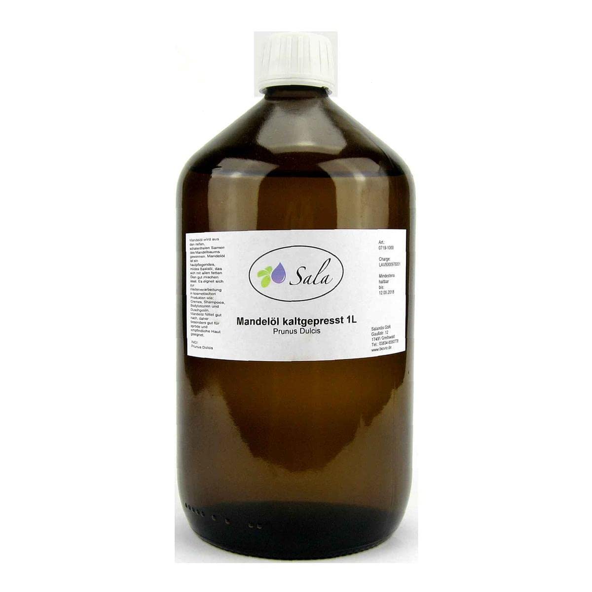 Sala Almond Oil Cold Pressed Prunus Dulcis 1 Litre 1000 ml Glass Bottle